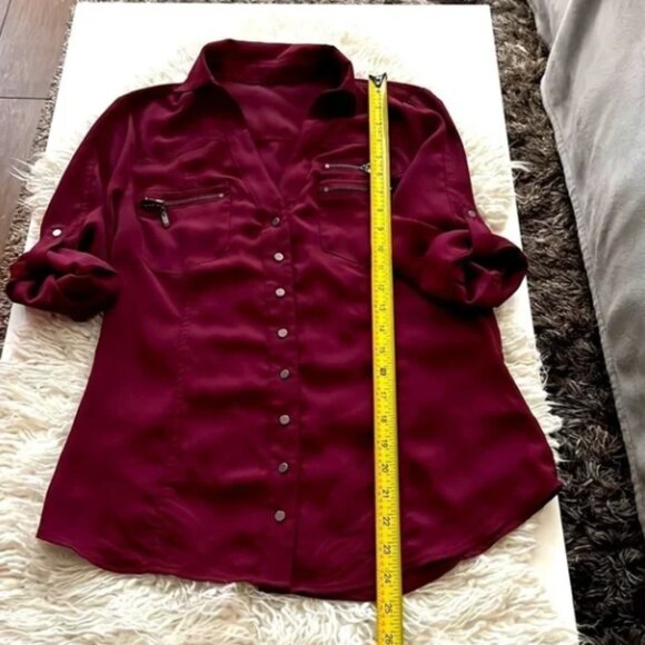 Bebe Burgundy Button Down Zip Pocket 3/4 Sleeve. Sz S 🙋‍♀️🛍😻 - Picture 13 of 15